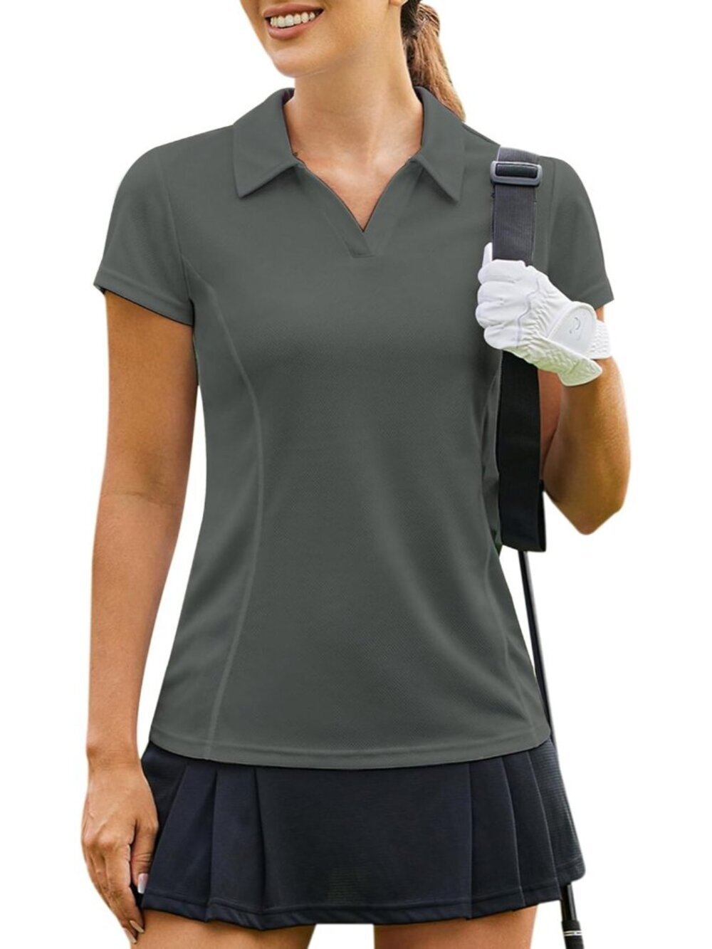 Women's Dark Grey Golf Shirt Short Sleeve Quick Dry V-Neck Tennis Tops Fit